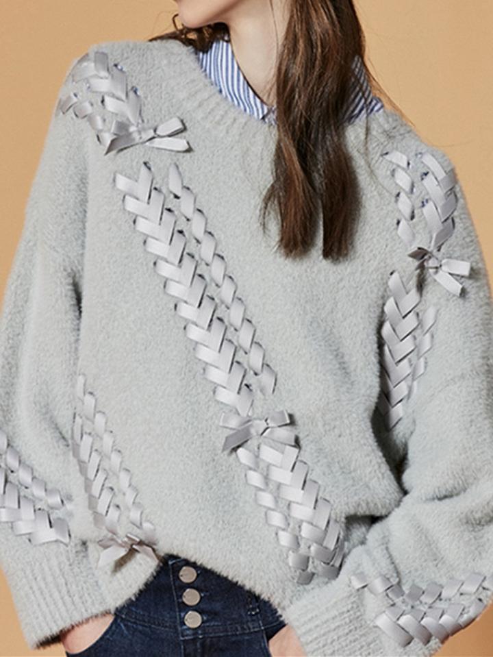 Choies Gray Crew Neck Lace Up Front Long Sleeve Knit Sweater