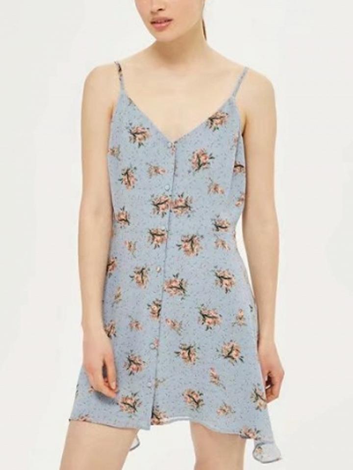 Choies Blue V-neck Spaghetti Strap Floral Print Button Front Mini Dress