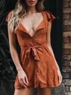 Choies Orange Plunge Floral Print Tie Waist Chic Women Mini Dress