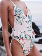 Choies Pink V-neck Floral Print Open Back Chic Women Swimsuit