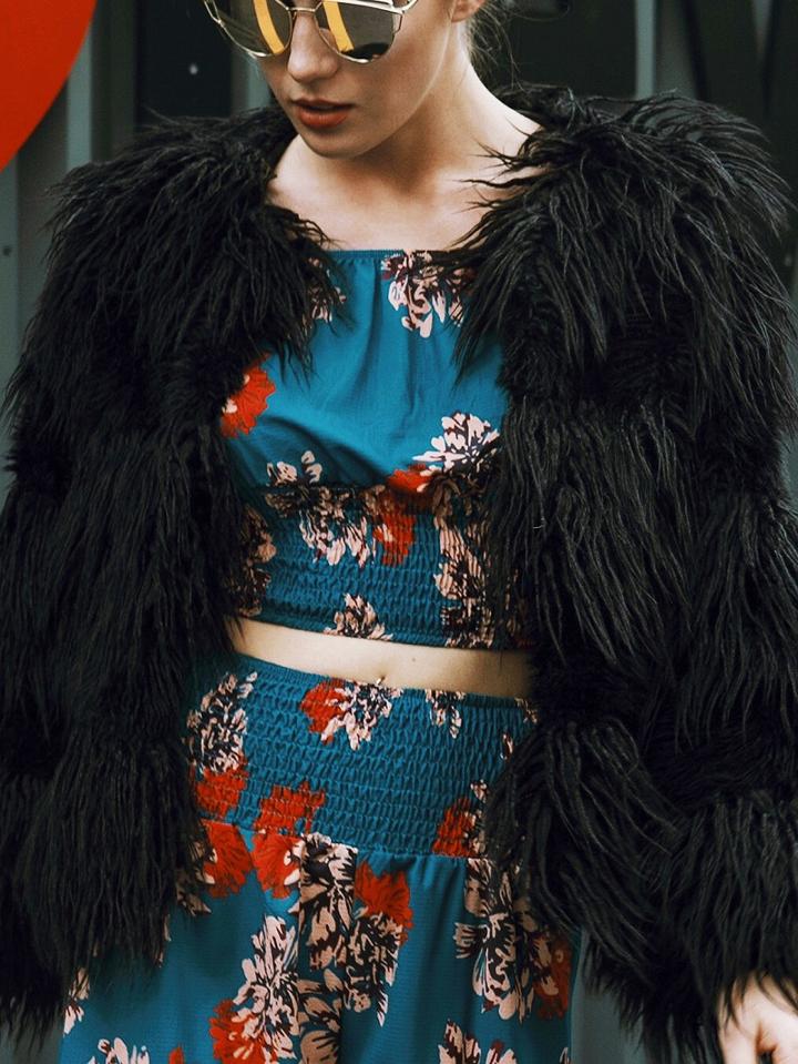 Choies Black Collarless Open Front Fluffy Faux Fur Coat
