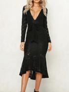 Choies Black Plunge Tie Waist Long Sleeve Chic Women Lace Hi-lo Midi Dress