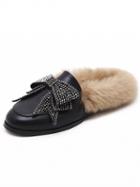 Choies Black Leather Look Bow Embellished Faux Fur Flat Shoes