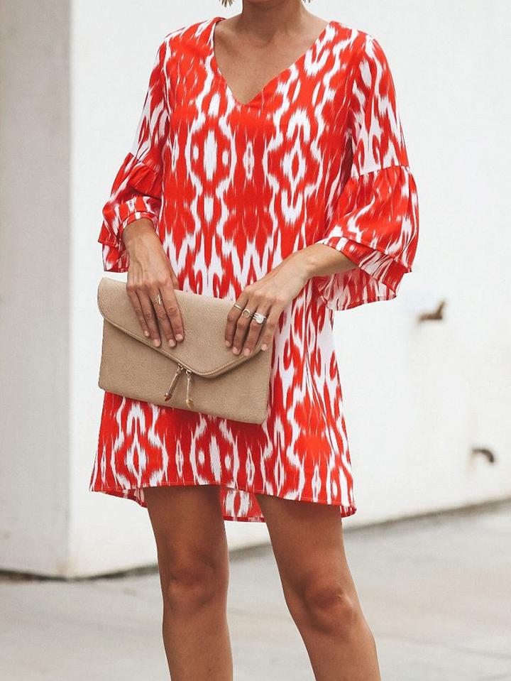 Choies Red V-neck Leopard Print Flare Sleeve Chic Women Mini Dress