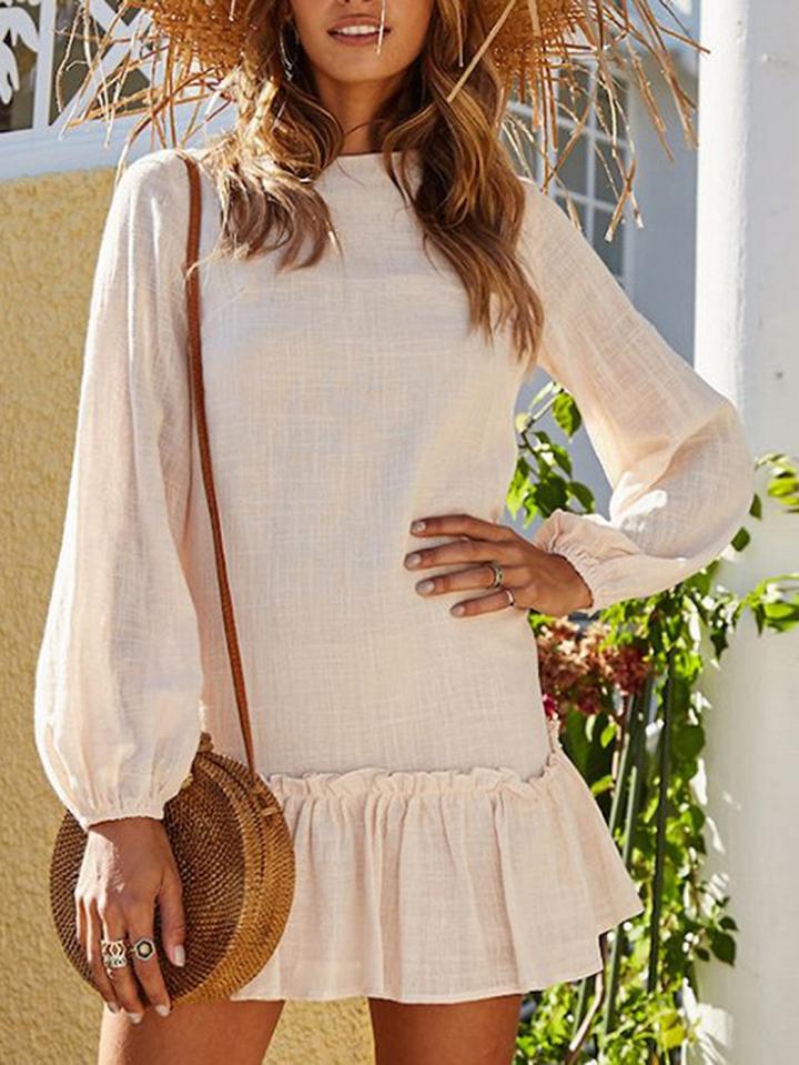 Choies Beige Frill Trim Ruffle Hem Long Sleeve Chic Women Mini Dress