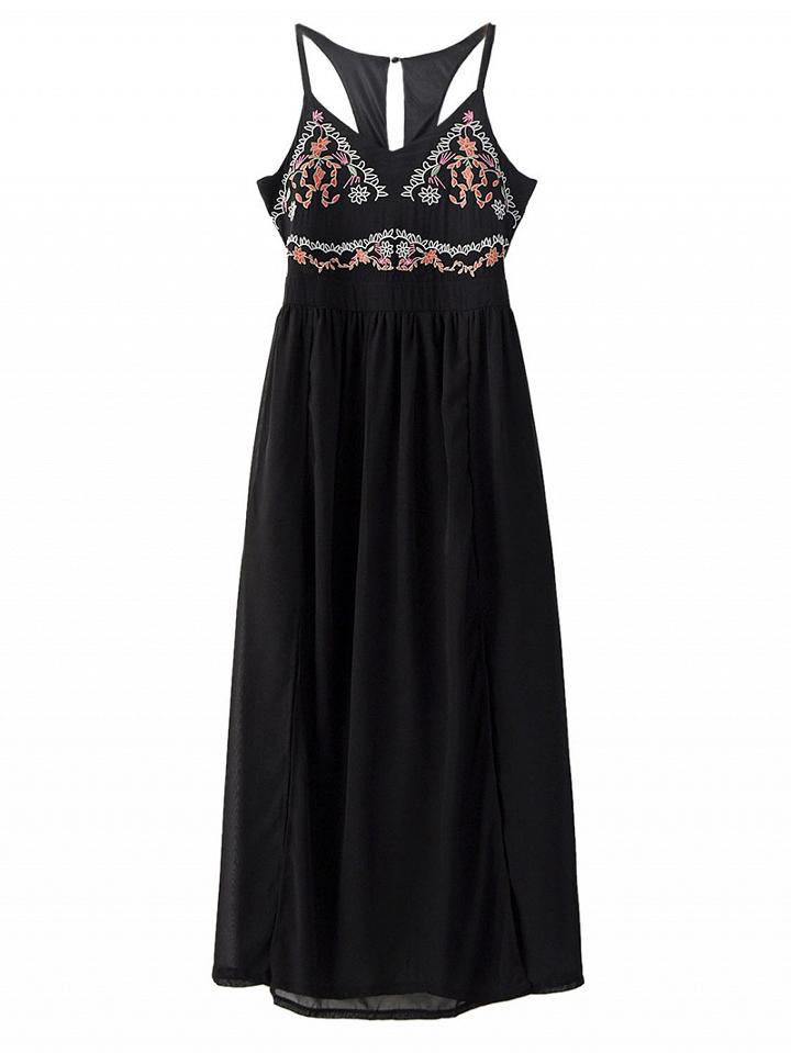 Choies Black V-neck Folk Embroidery Cut Out Back Split Side Maxi Dress