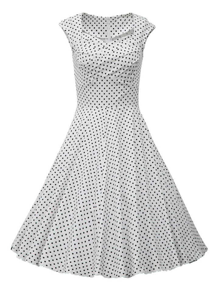 Choies White Sweetheart Polka Dot Cap Sleeve Ruched High Waist Midi Dress