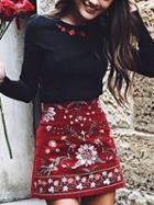 Choies Black Embroidery Rose Long Sleeve Blouse