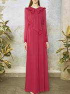 Choies Red Button Placket Front Ruffle Trim Long Sleeve Chic Women Maxi Dress