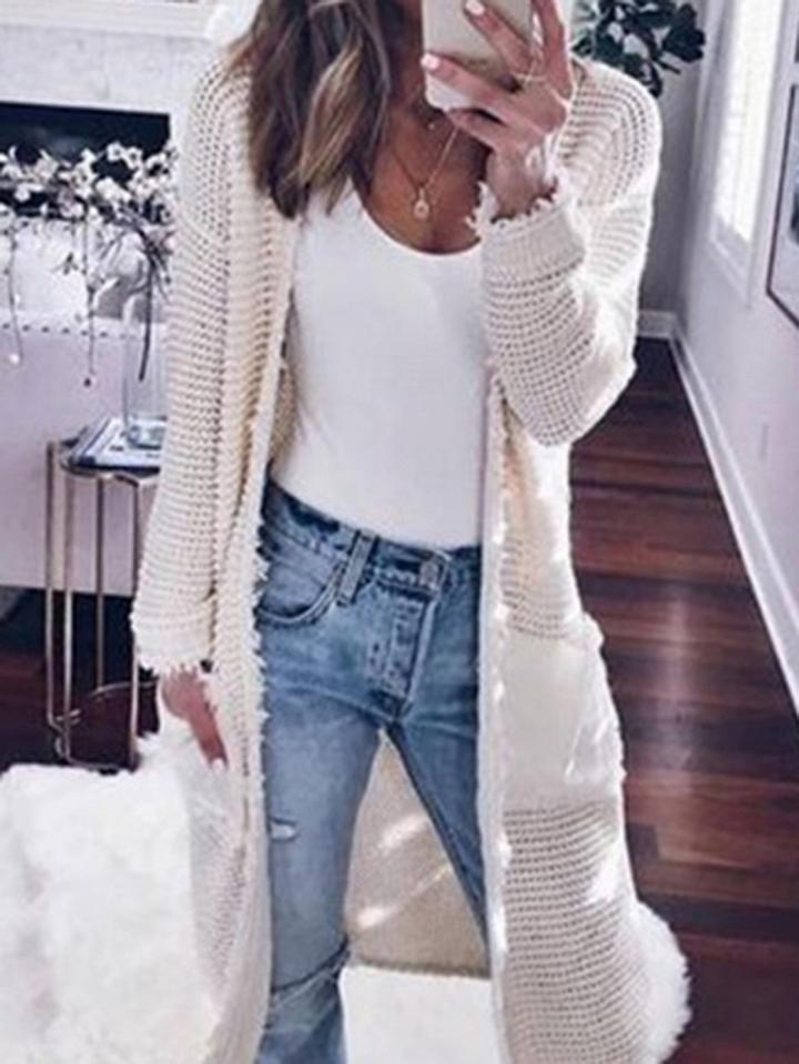 Choies White Open Front Long Sleeve Knit Longline Cardigan
