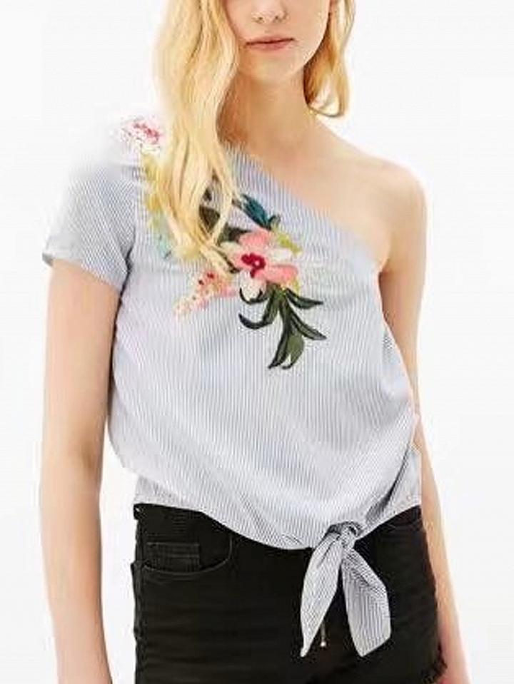 Choies Blue Stripe One Shoulder Embroidery Detail Tie Front Blouse