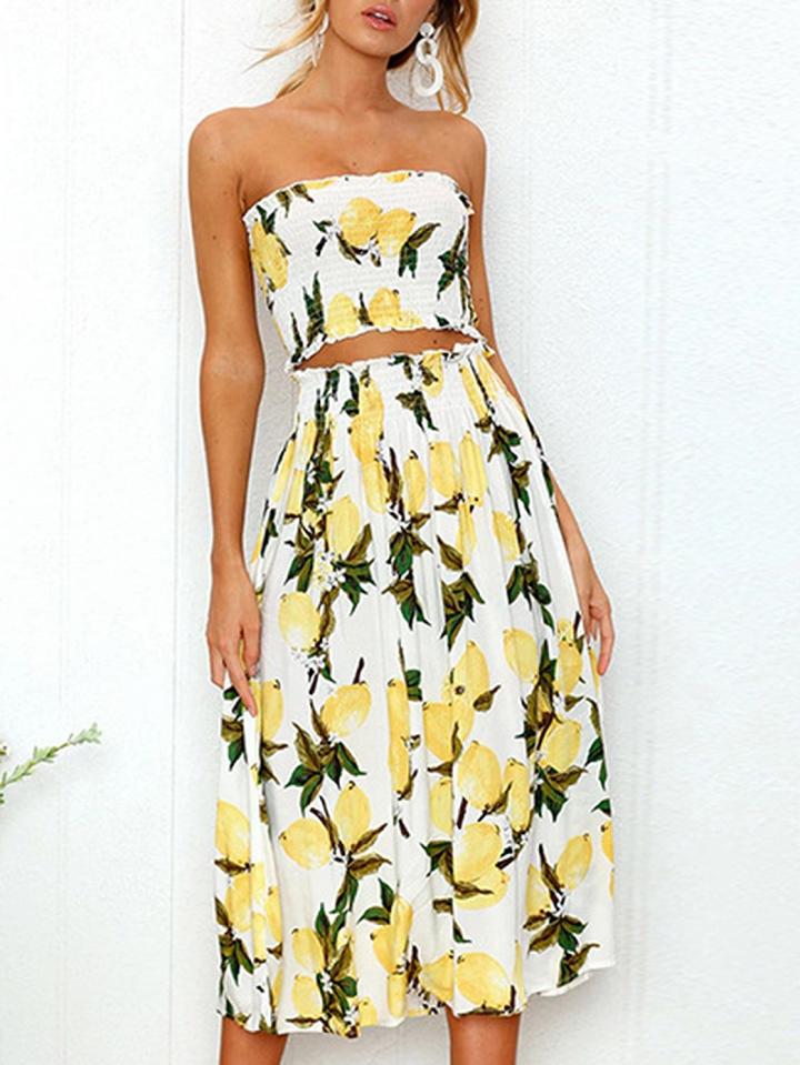 Choies White Bandeau Lemon Print Crop Top And High Waist Midi Skirt
