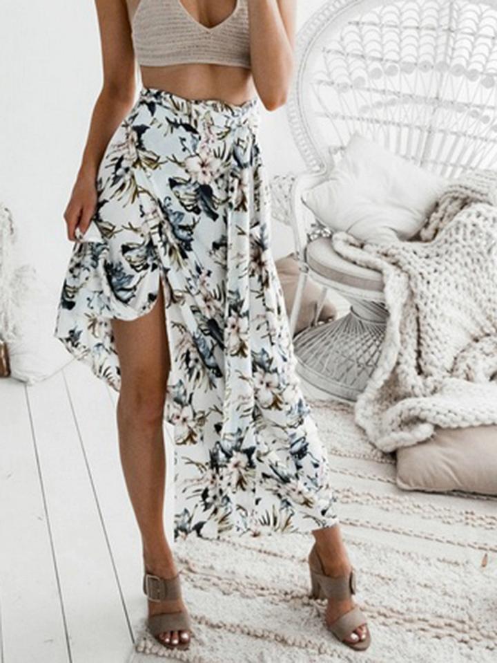 Choies White High Waist Floral Print Thigh Split Front Chic Women Maxi Skirt