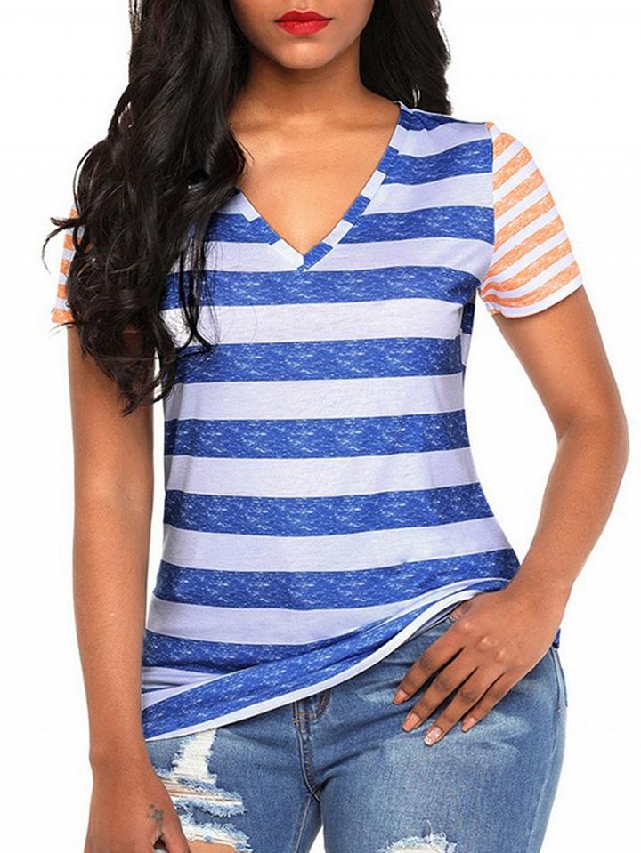Choies Blue Contrast Stripe V-neck Blouse
