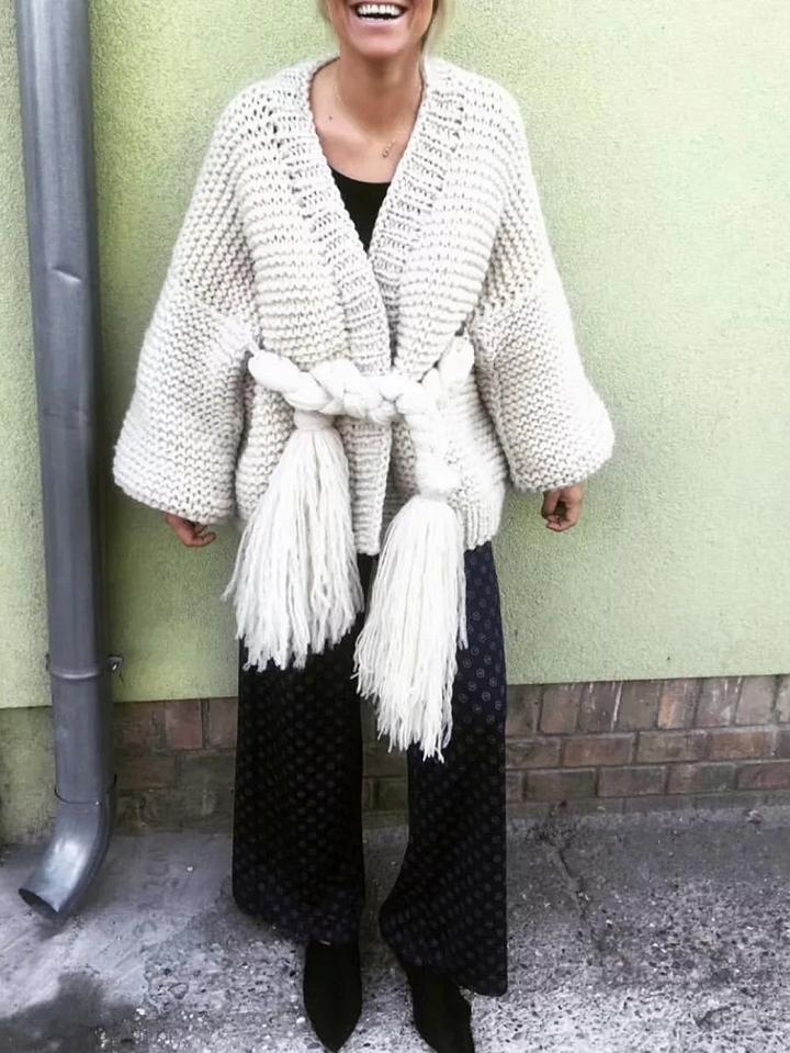 Choies White Open Front Tassel Ribbon Waist Puff Sleeve Knit Cardigan