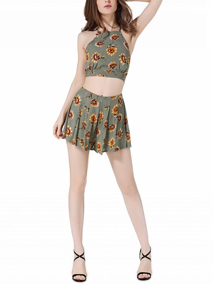 Choies Green Sunflower Print Cross Strappy Back Crop Top And Culotte Shorts