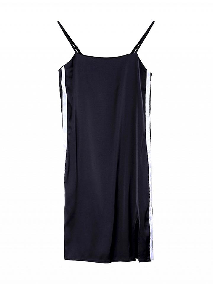 Choies Black Satin Look Contrast Stripe Side Split Spaghetti Strap Mini Dress