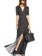 Choies Black V-neck Polka Dot Print Short Sleeve Split Maxi Dress