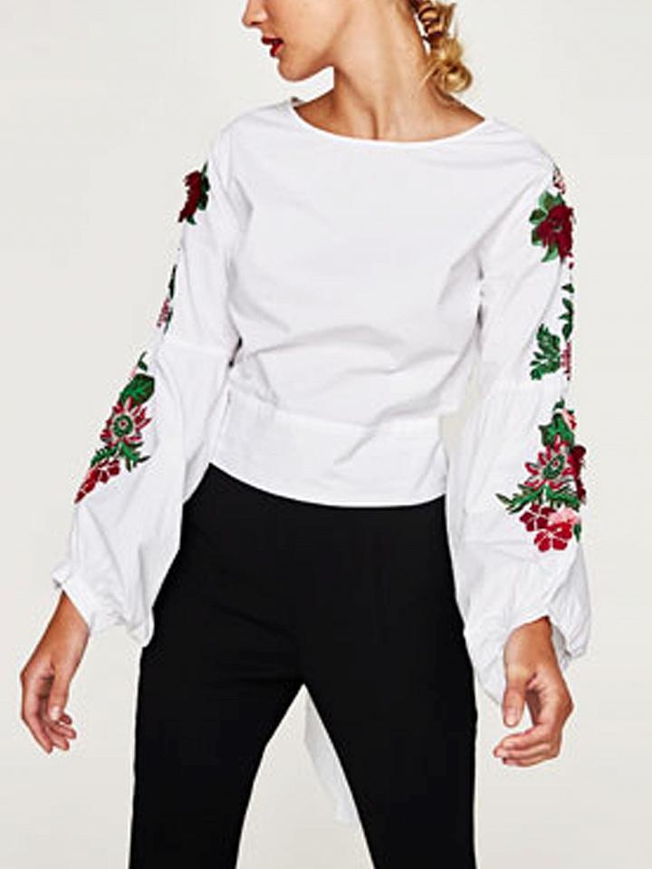 Choies White Embroidery Puff Sleeve Bow Tie Back Top