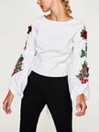 Choies White Embroidery Puff Sleeve Bow Tie Back Top