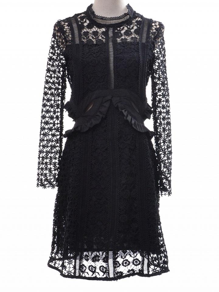 Choies Black Ruffle Long Sleeve Cut Out Lace Dress