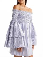 Choies Blue Stripe Stretch Off Shoulder Flared Sleeve Mini Dress
