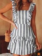 Choies Gray Stripe Ruffle Trim Open Back Chic Women Cami Mini Dress