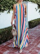 Choies Multicolor Stripe Halter Open Back Chic Women Maxi Dress