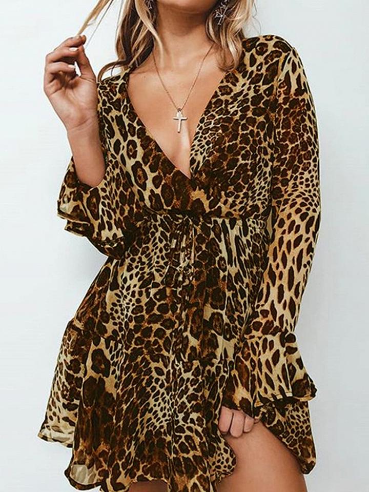 Choies Khaki Chiffon Plunge Leopard Print Long Sleeve Women Mini Dress