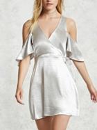 Choies Silver V-neck Cold Shoulder Ruffle Sleeve Tie Side Mini Dress