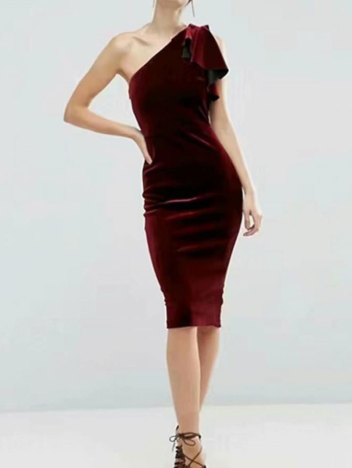 Choies Red Velvet Asymmetric Neck Split Back Women Bodycon Dress