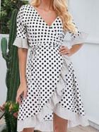 Choies White Cotton V-neck Polka Dot Print Ruffle Trim Chic Women Mini Dress