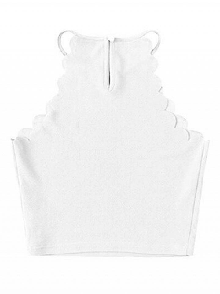 Choies White Halter Scallop Edge Crop Tank