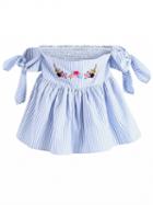 Choies Blue Stripe Off Shoulder Bow Sleeve Embroidery Floral Blouse