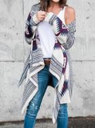 Choies Gray Folk Print Asymmetric Detail Long Sleeve Chic Women Cardigan