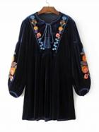 Choies Dark Blue Velvet Embroidery Trim Tassel Tie Long Sleeve Dress