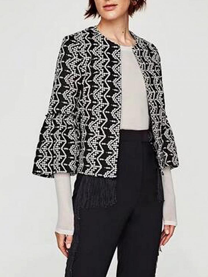 Choies Black Embroidery Detail Flare Sleeve Open Front Crop Coat
