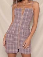 Choies Pink Plaid Zip Front Chic Women Cami Mini Dress