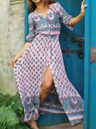 Choies Pink Boho Floral Print Button Front Maxi Dress