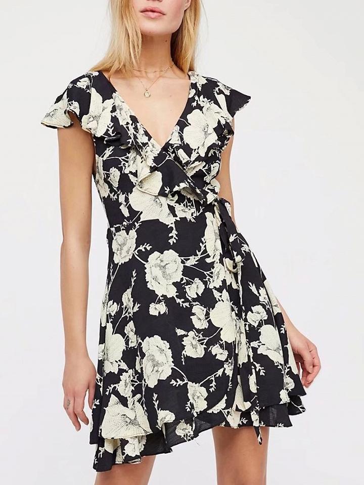 Choies Black V-neck Floral Print Ruffle Trim Tie Waist Mini Dress
