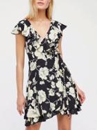 Choies Black V-neck Floral Print Ruffle Trim Tie Waist Mini Dress