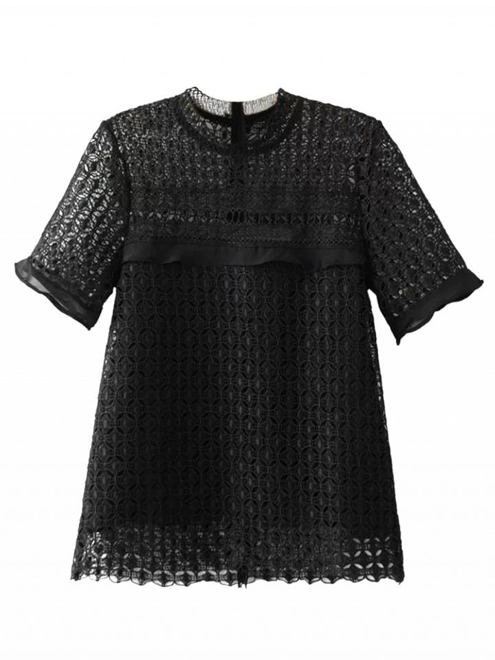 Choies Black Sheer Lace Ruffle Trim Cut Out Short Sleeve Blouse