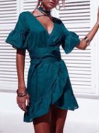 Choies Green V-neck Ruffle Hem Tie Waist Mini Dress