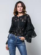 Choies Black Ruffle Detail Flare Sleeve Lace Shirt