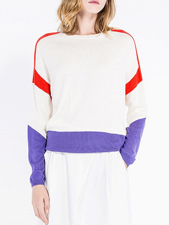 Choies White Contrast Color Block Panel Knit Sweater