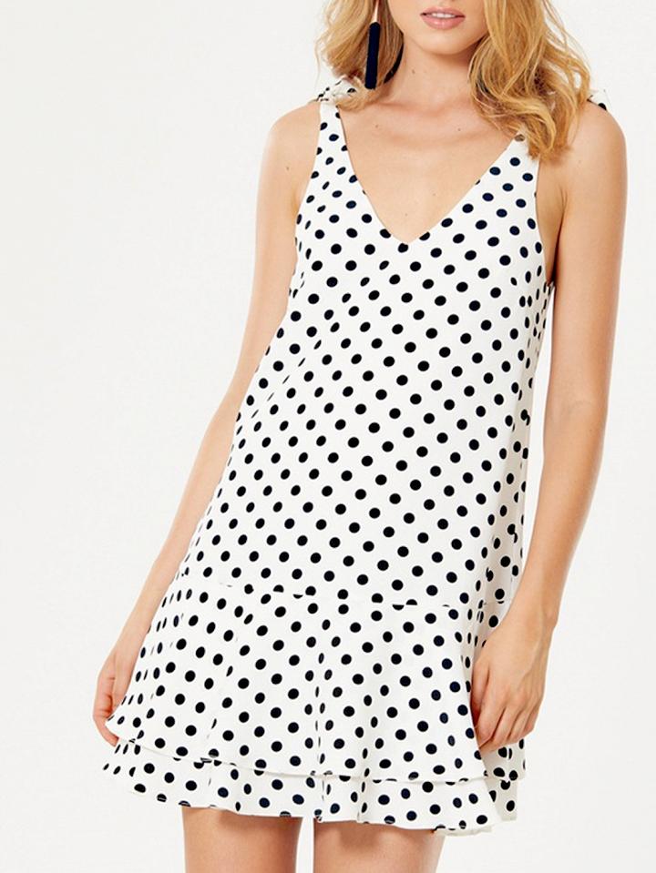 Choies White V-neck Polka Dot Tie Detail Ruffle Hem Mini Dress