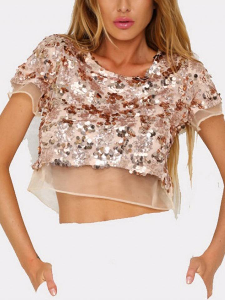 Choies Gold Sequin Detail Mesh Panel Crop Top
