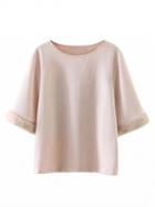 Choies Pink Faux Fur Trim Short Sleeve Blouse