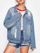 Choies Blue Lightwash Embroidery Wing Back Ripped Hooded Denim Jacket