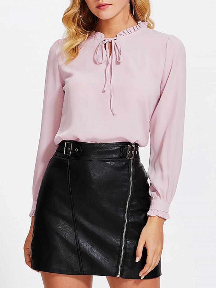 Choies Pink Tie Front Long Sleeve Blouse